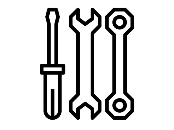 this icon is an above view of three tools laying next to each other. from left to right: a flat-head screwdriver, open-end wrench, and ratchet wrench. 