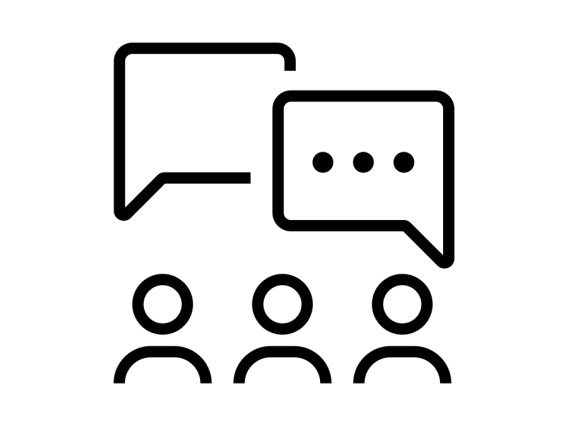 this icon has head and shoulder silhouettes of three people with dialogue bubbles above them. the dialogue bubble on the right has dots inside of it, suggesting the person furthest to the right is communicating. 