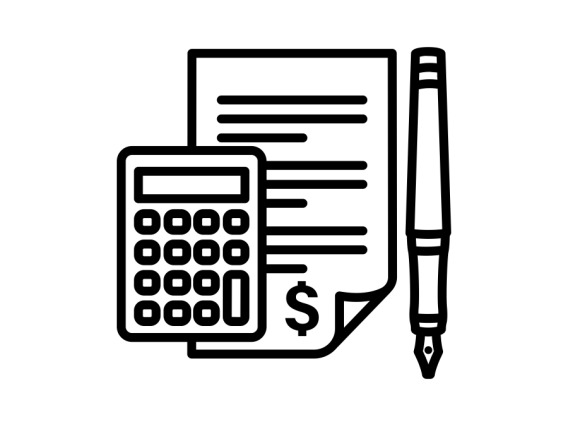 this icon is a sheet of paper with lines and a dollar sign. to the left is an unlabeled calculator and to the right is a pen.