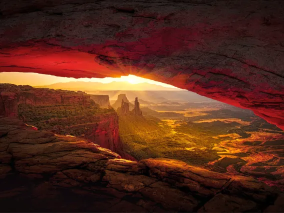 Mesa Arch in Utah during sunset.