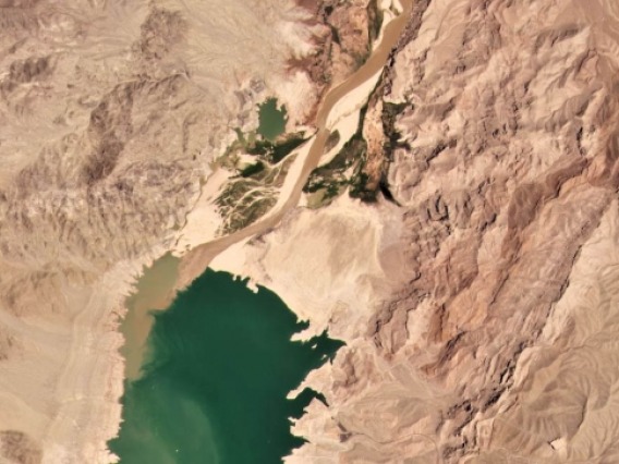 The Colorado River where it flows out of Iceberg Canyon and into Lake Mead.