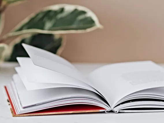 An open book on a table next to a plant.