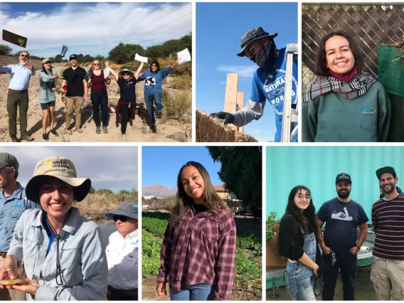 A collage of smiling students and mentors outdoors.