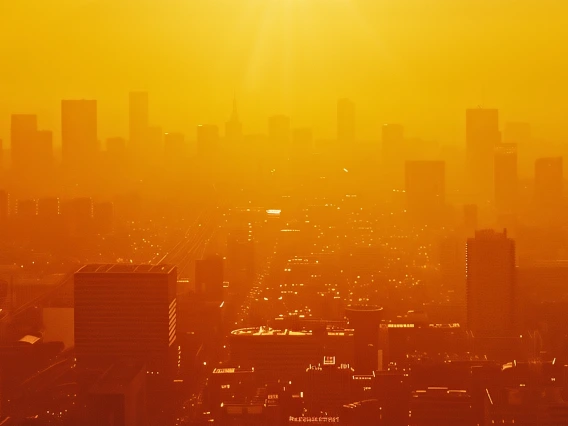 A city is bathed in yellow light under a hazy sun.