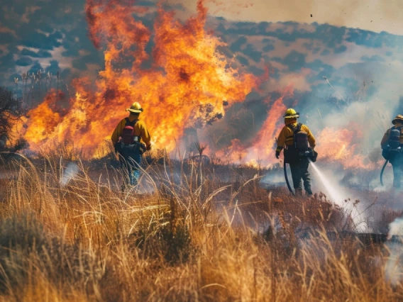 Firefighters approach a grass fire.