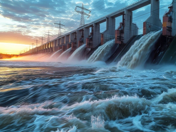 Water rushes through a dam with power lines against the skyline.