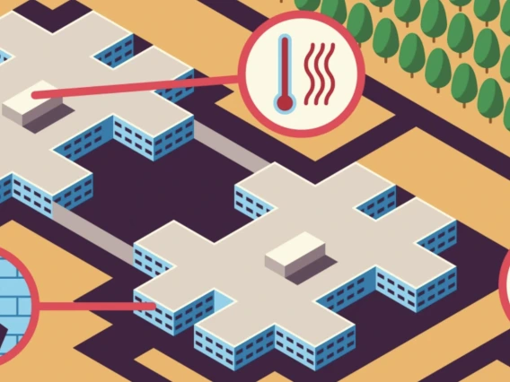 A graphic visualization of potential vulnerabilities present within prisons. Roofs, windows, and the surrounding environment are highlighted.