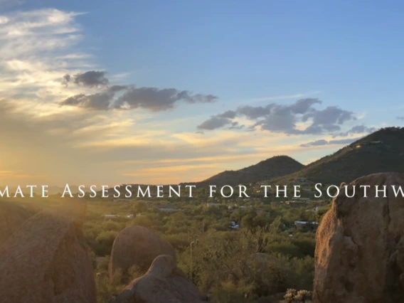 A desert landscape bathed in sunlight with the words 'Climate Assessment for the Southwest.'