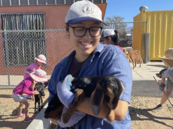 Person wearing hat and holding a goat