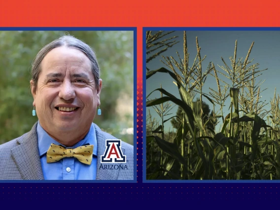 A headshot of Michael Johnson next to an image of corn crops.