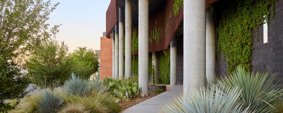 Main entrance to the ENR2 building with foliage lining the walls and concrete columns.