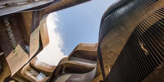 Photo looking up from the bottom of the ENR2 canyon courtyard
