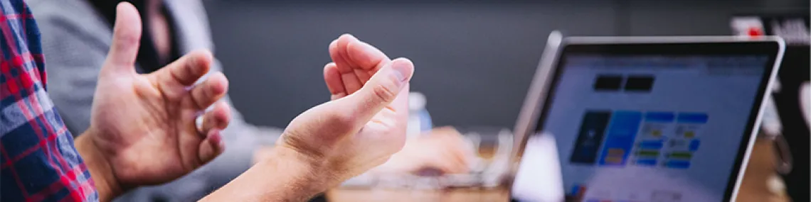 An individual discussing with hand motions the information in front of them on a laptop screen.