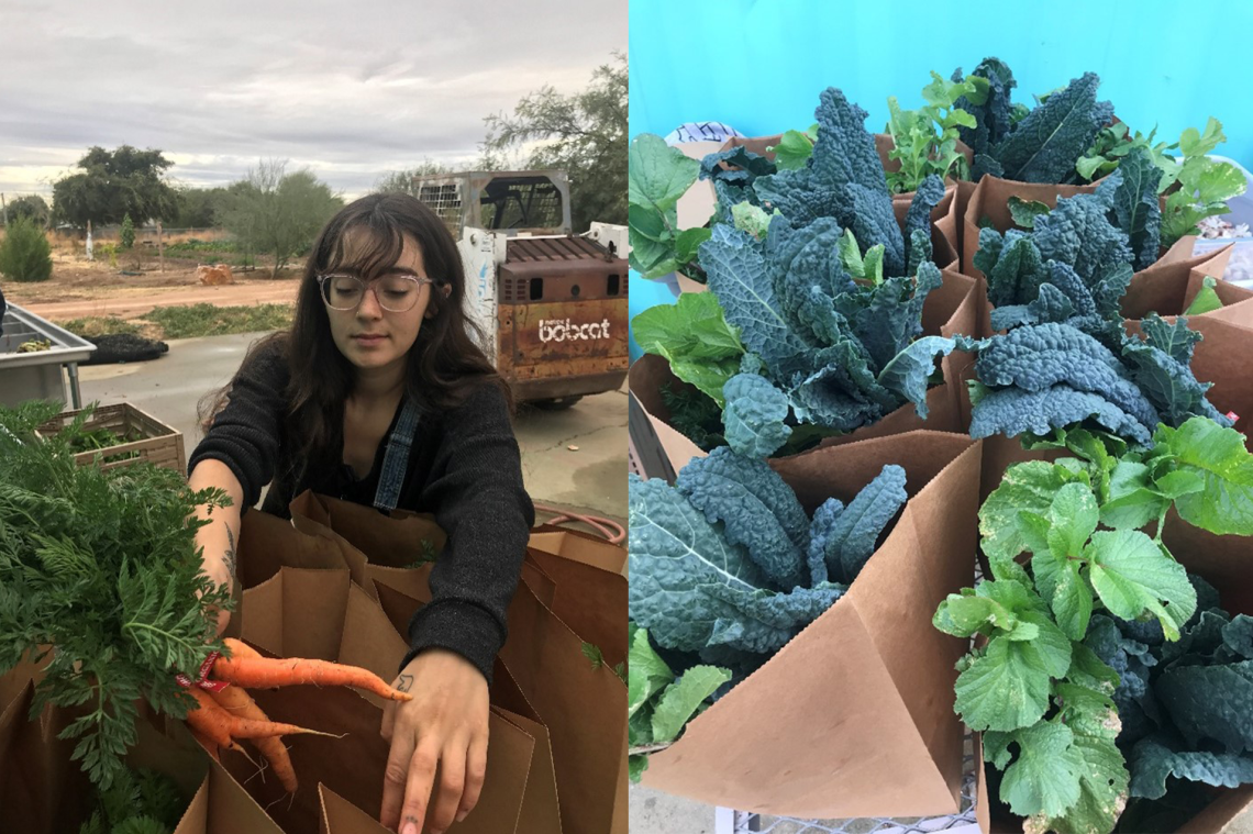 2 images, left image is of Paloma Martinez adding carrots into bags, right image of filled bags ready for distribution.