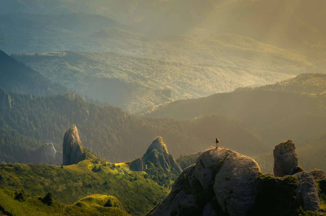 A persons standing on the peak of a mountain overlooking a large mountain forest