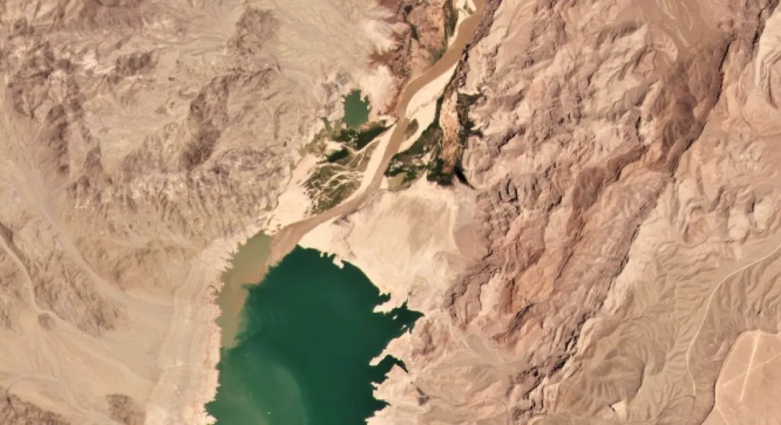 The Colorado River where it flows out of Iceberg Canyon and into Lake Mead.