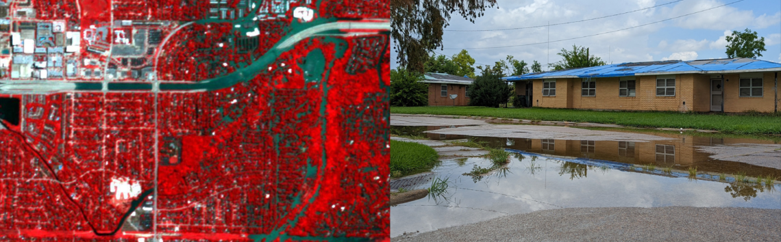 A map of flooded areas in red, next to a photo of a flooded urban street.