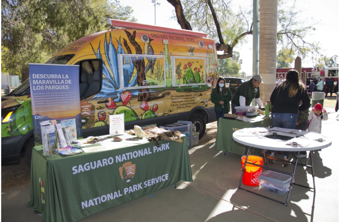 A photo of the Saguaro National Park mobile pop-up display.