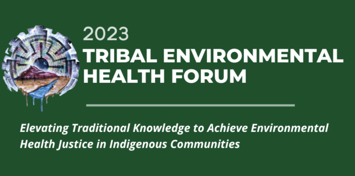 An artistic circular design of a mountain and river with title text: Tribal Environmental Health Forum.