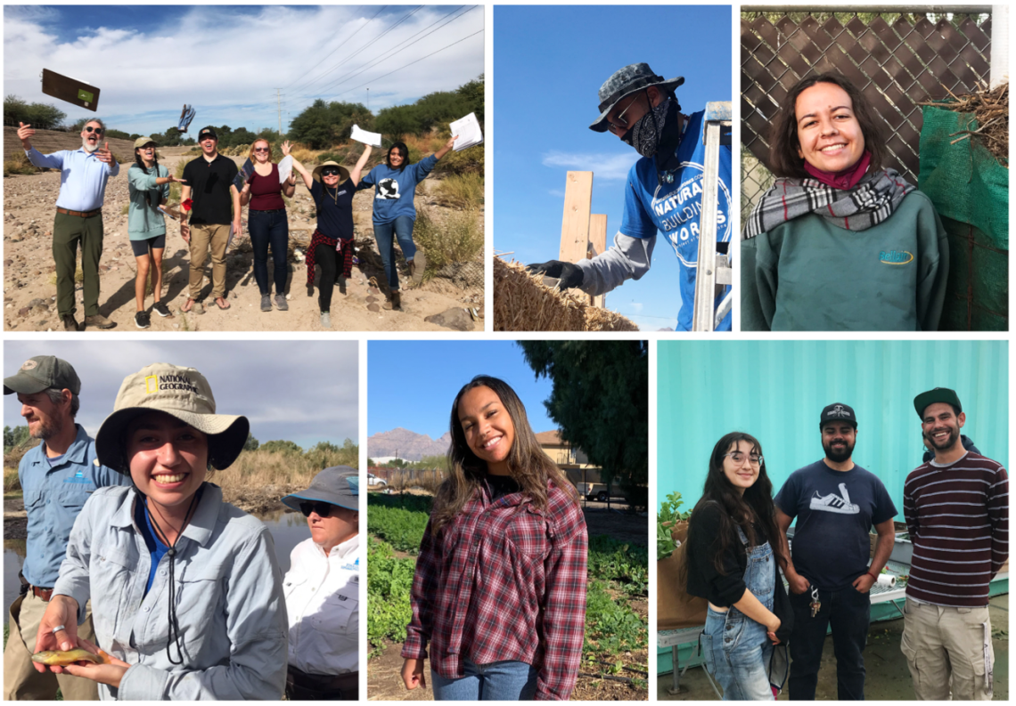A collage of smiling students and mentors outdoors.
