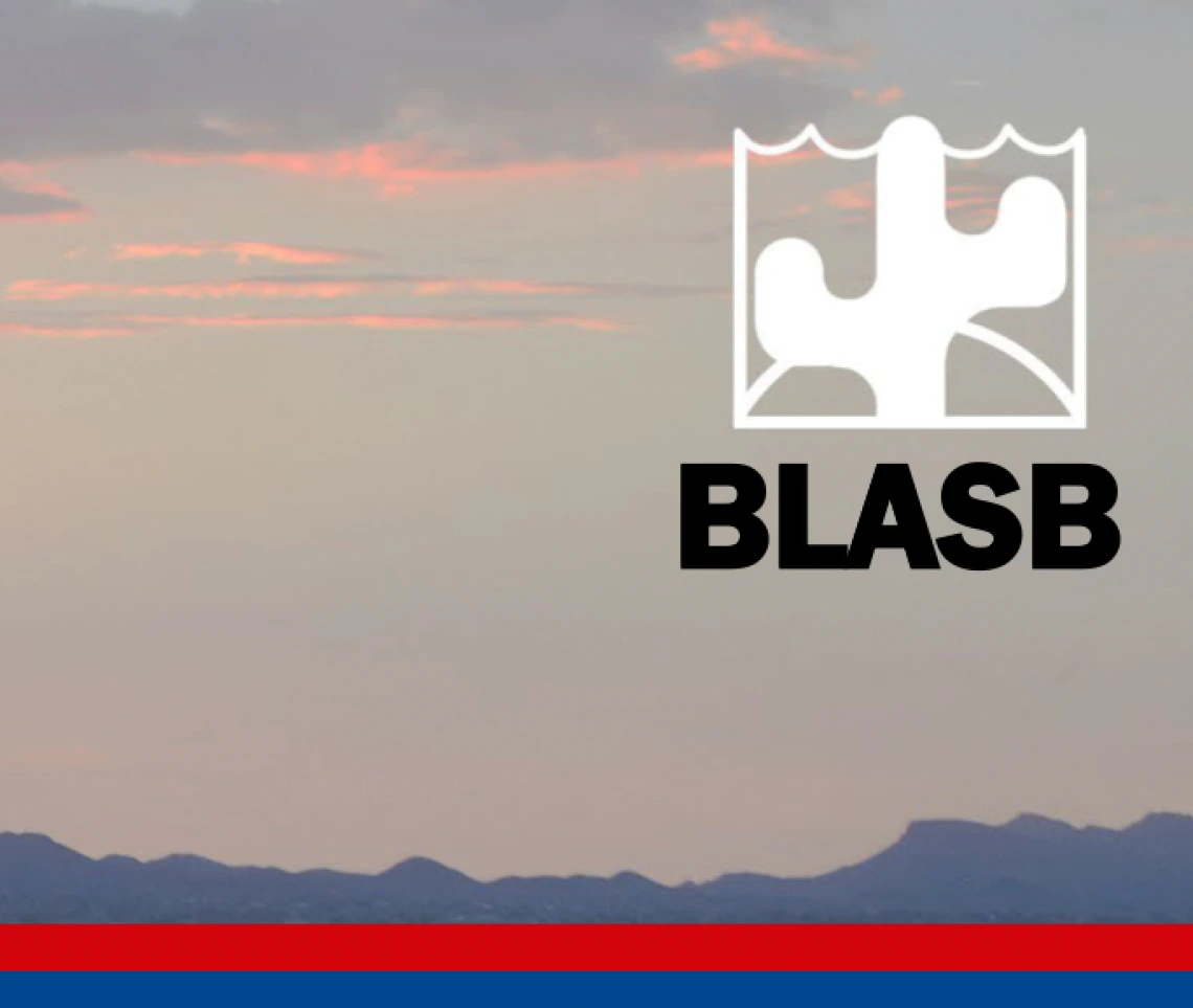 An evening sky over the silhouette of mountains with the BLASB logo in the upper corner.