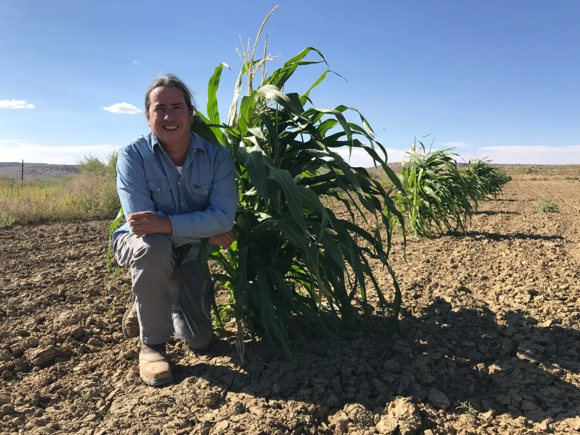 Michael Johnson kneels by corn in a field.