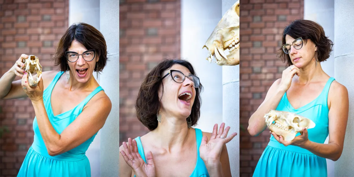 Three poses of the speaker, Elise Gornish.