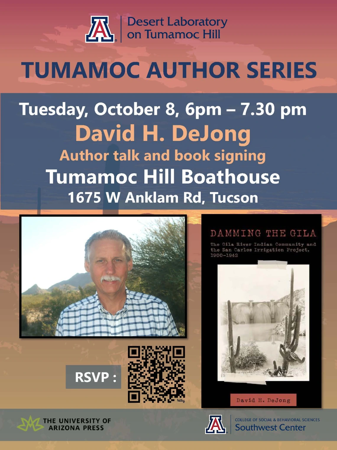 Flyer for David DeJong Tumamoc Author Series Talk on October 8, 2024 from 6pm-7:30pm