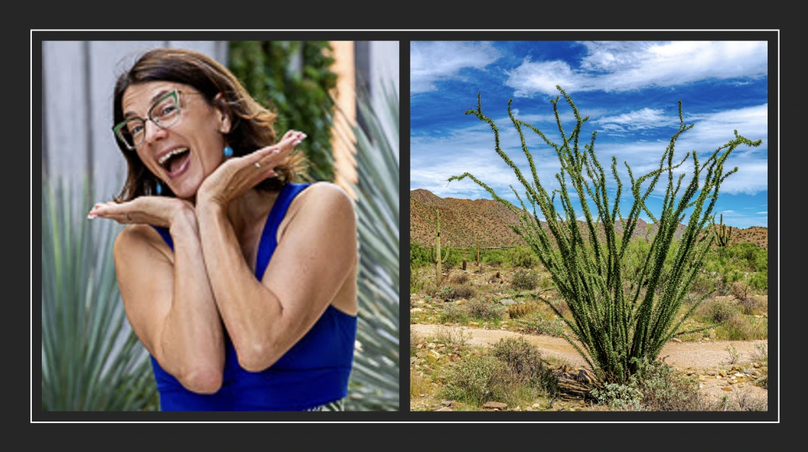 A headshot of Elise Gornish and an ocotillo.