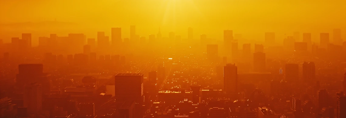 A city is bathed in yellow light under a hazy sun.