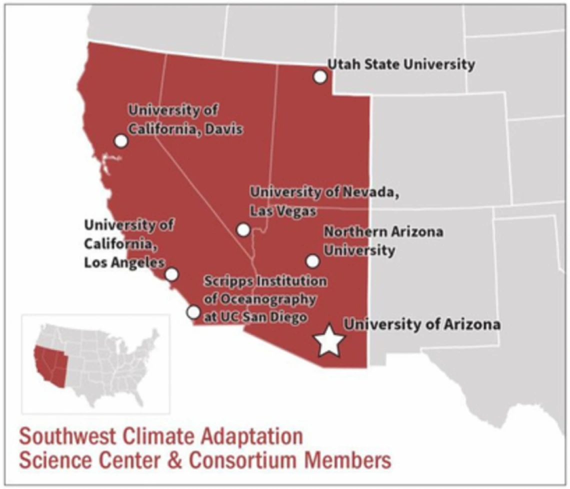 A map of the SWCASC consortium states: California, Nevada, Utah, and Arizona.