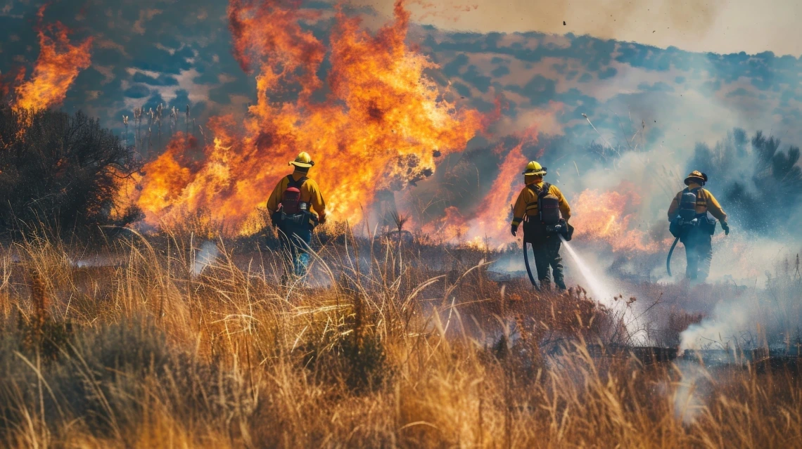 Firefighters approach a grass fire.