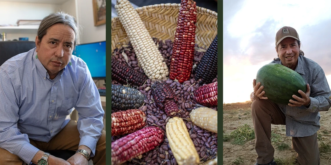 Michael Kotutwa Johnson divides his time between Tucson (left: in his ENR2 office) and his family home on Hopi land in northeastern Arizona (right). His passion is revitalizing the American Indian food system, which revolves around indigenous maize (center).