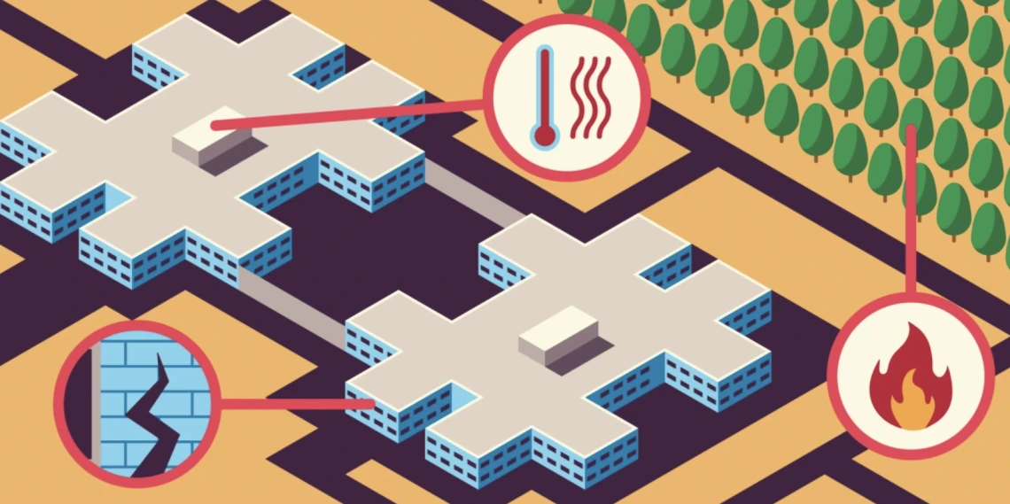 A graphic visualization of potential vulnerabilities present within prisons. Roofs, windows, and the surrounding environment are highlighted.