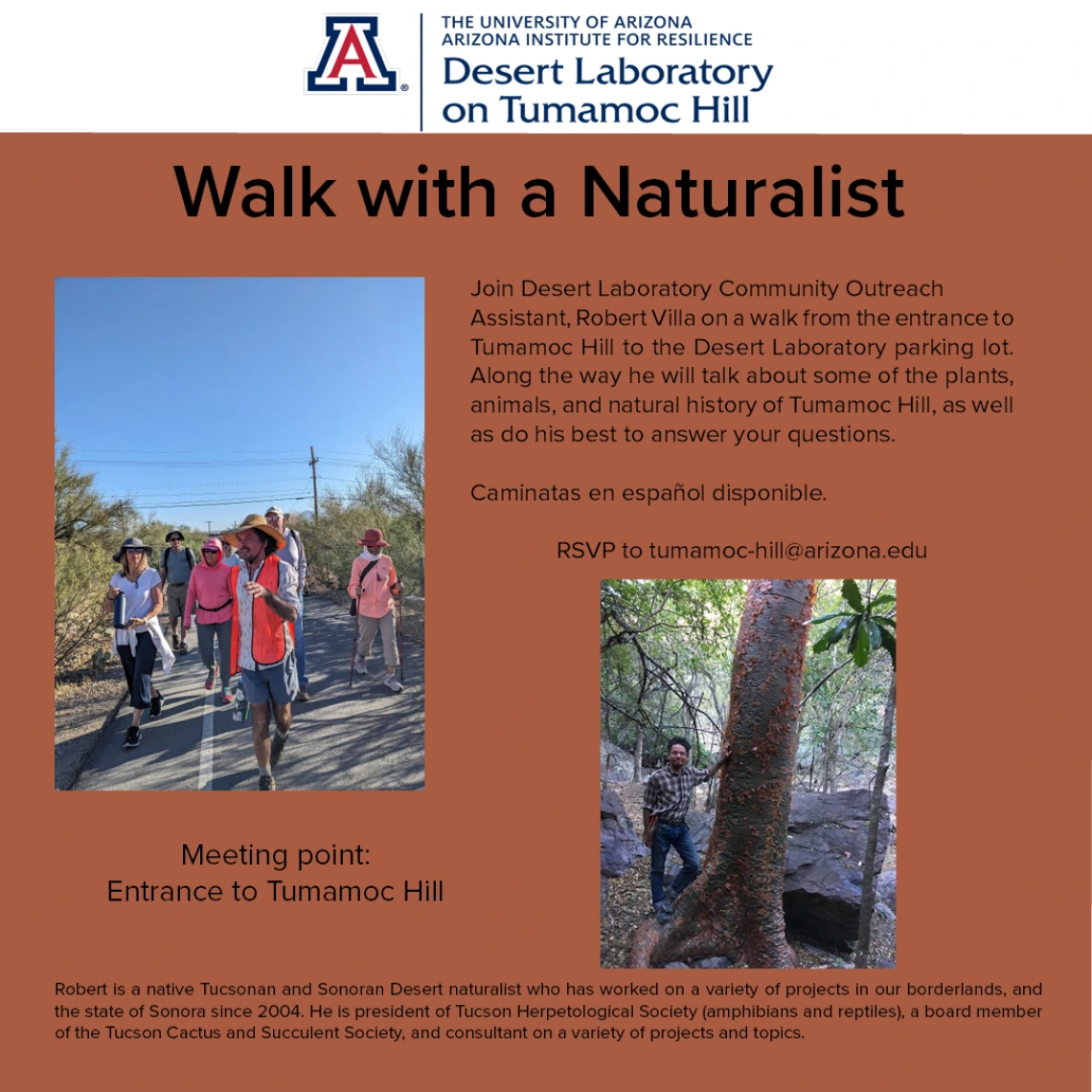 Flyer for Walk with a Naturalist program, with two images of people hiking on Tumamoc Hill