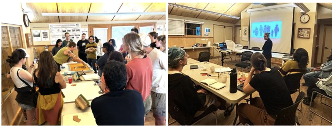 Two side-by-side images show people meeting together indoors.