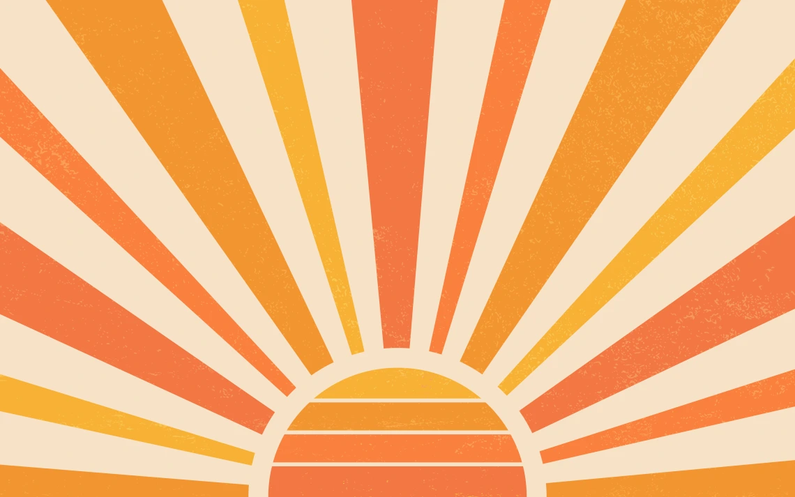 A retro image of the upper half of a sun with yellow and orange rays.