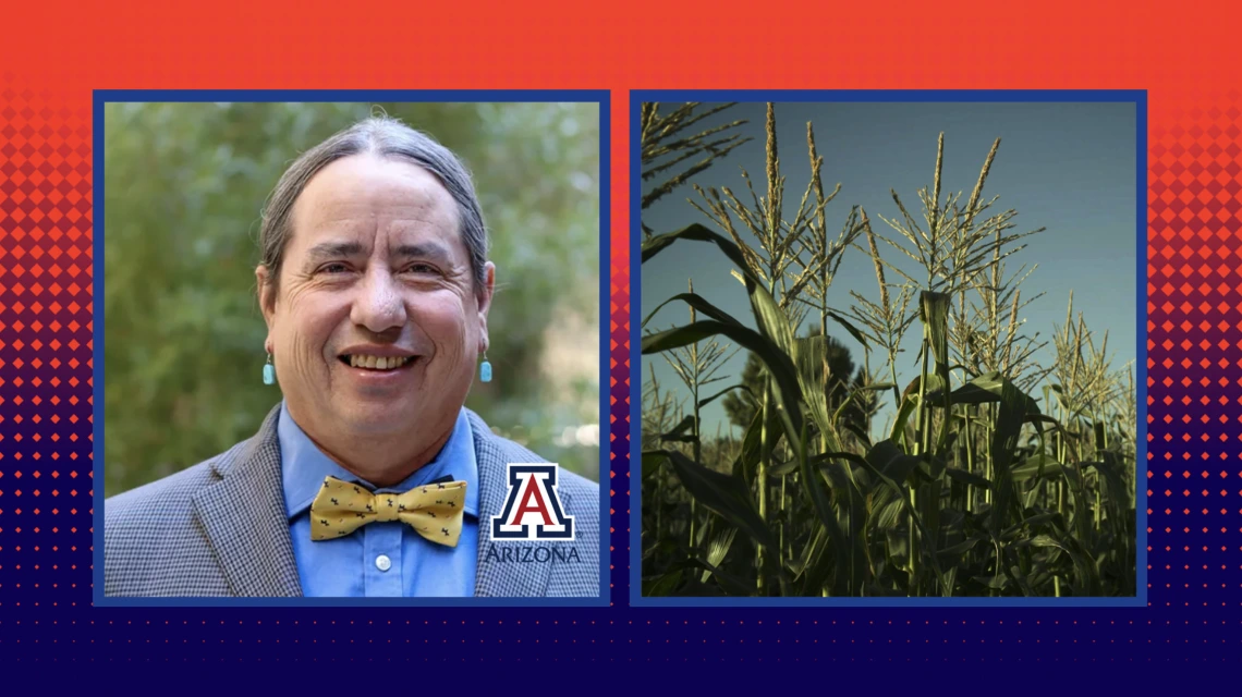 A headshot of Michael Johnson next to an image of corn crops.