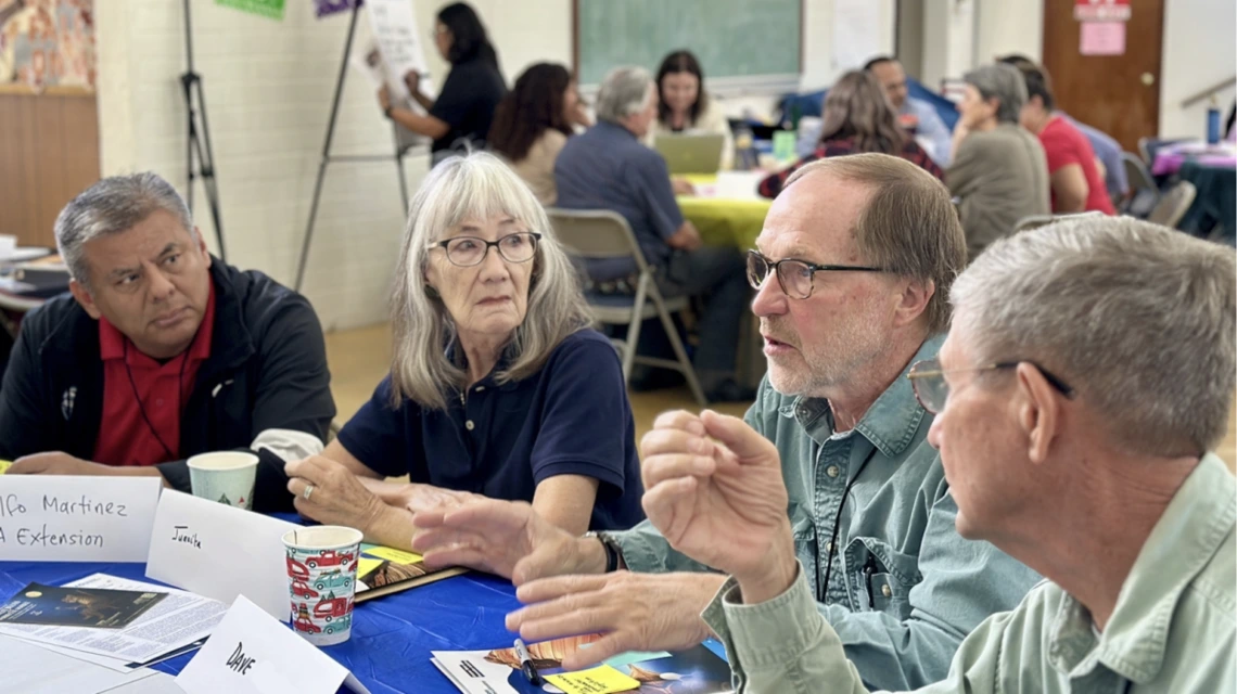 Picture of people around a table talking