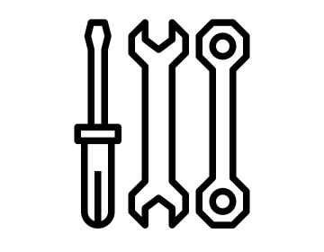 this icon is an above view of three tools laying next to each other. from left to right: a flat-head screwdriver, open-end wrench, and ratchet wrench. 