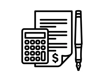 this icon is a sheet of paper with lines and a dollar sign. to the left is an unlabeled calculator and to the right is a pen.