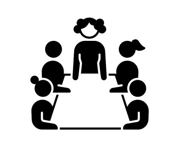 this icon is silhouettes of the upper bodies of a group of individuals with various hairstyles gathered around a rectangular-shaped table.