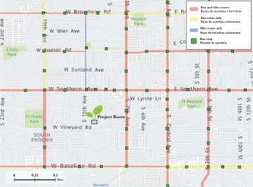 Map showcasing bike routes and bus stops and their relation to Project Roots