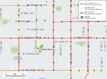 Map showcasing bike routes and bus stops and their relation to Project Roots