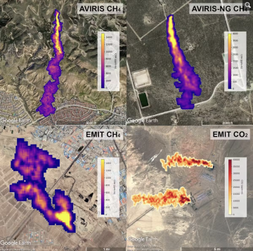 Clockwise from the top left: plumes from the Aliso Canyon storage blowout near Los Angeles in 2015, an oil and gas source in the Permian Basin, a power plant, and a landfill in Iran.