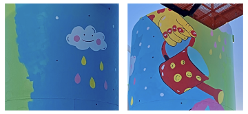 A mural of cheerful colors depicts a smiling cloud in a blue sky with pink and yellow raindrops, while in another image a yellow hand holds a red watering can.