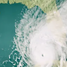 An aerial image of a hurricane over Florida and the Gulf of Mexico.