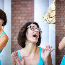 Three poses of the speaker, Elise Gornish.