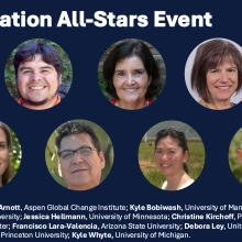 Several headshots of speakers who will present during the event are displayed against a blue background.