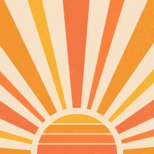 A retro image of the upper half of a sun with yellow and orange rays.